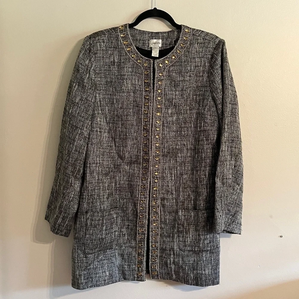 Chicos Jewel Tweed Jacket 12 Black Classic Resort Preppy Old‎ Money Luxury Chic